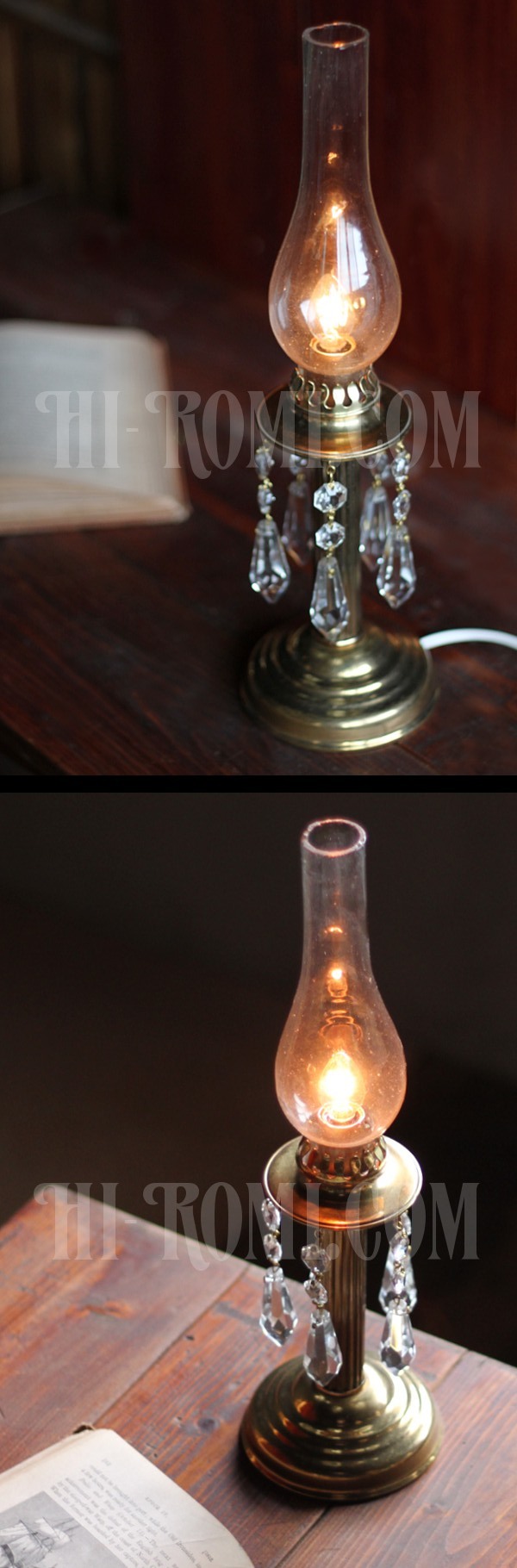 ヴィンテージガラス製チムニー＆プリズム付テーブルランプ/アンティーク真鍮照明