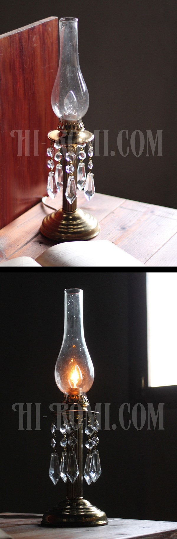 ヴィンテージガラス製チムニー＆プリズム付テーブルランプ/アンティーク真鍮照明