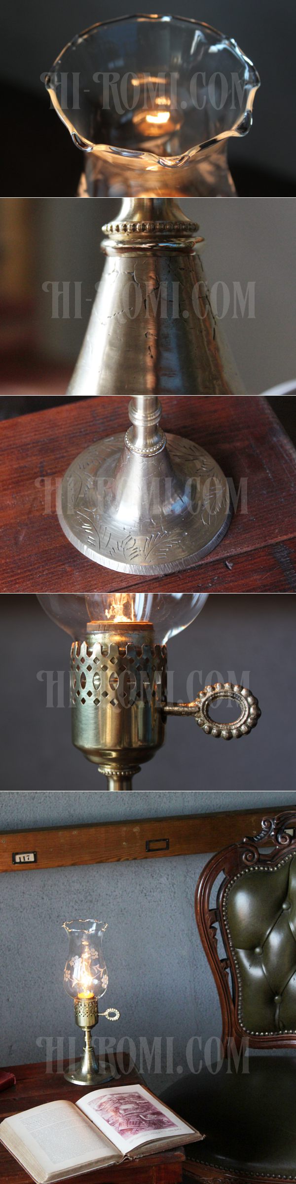 ヴィンテージホブネイル真鍮製鍵スイッチ付きガラス製フリルチムニーのテーブルランプ/アンティークハリケーンライト真鍮照明