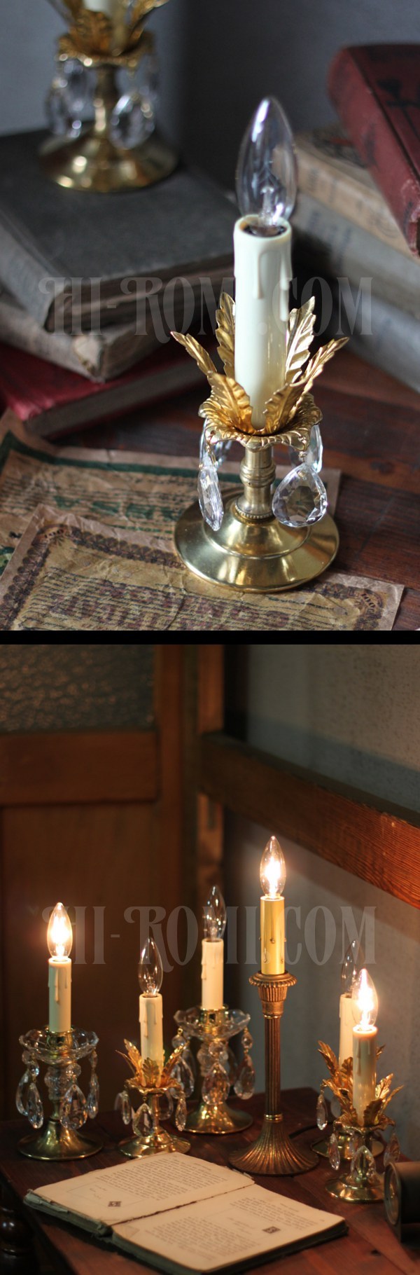 ヴィンテージプリズム付花形カップ１灯キャンドルミニテーブルランプ/アンティークシャンデリア照明