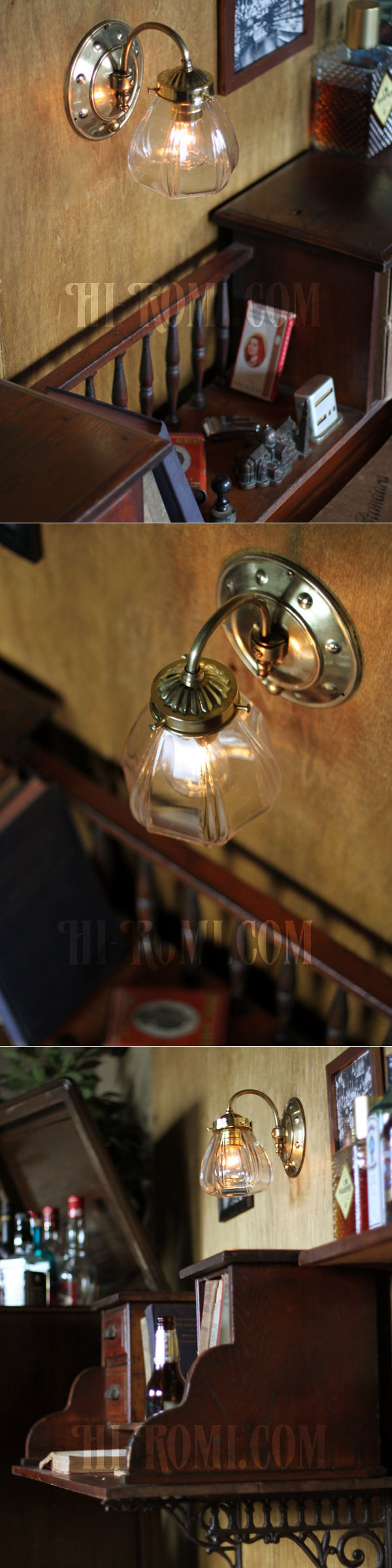 ヴィンテージコロニアルクリアガラスシェード&ホブネイルベースのブラケットランプ/ヴィクトリアン壁照明