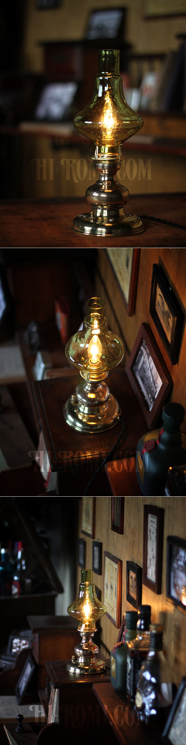 USAヴィンテージコロニアルイエローグリーンガラスシェード付真鍮製ハリーケーンテーブルランプ/アンティークヴィクトリアン照明