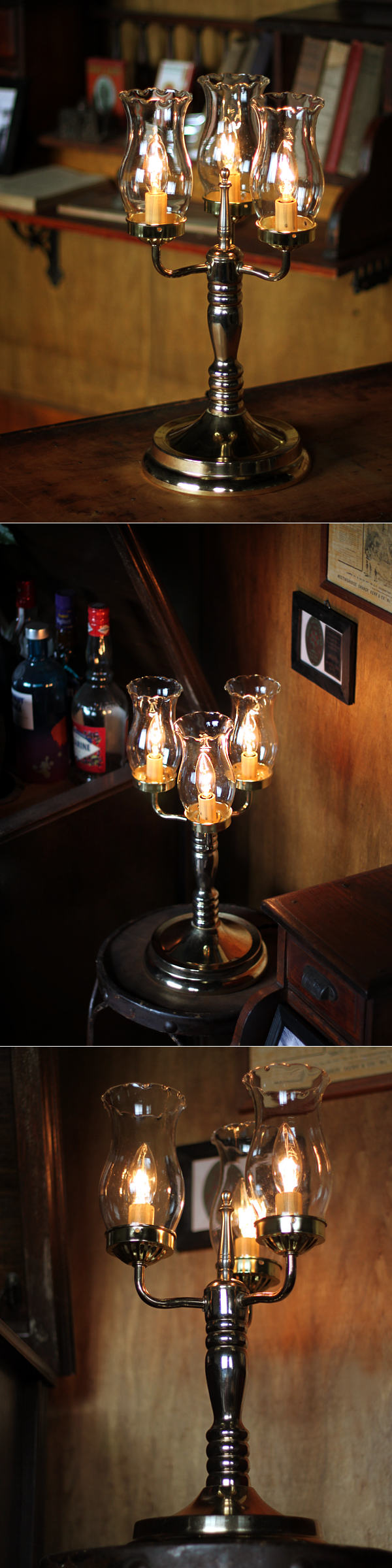 USAヴィンテージコロニアルガラスシェード付３灯ハリーケーンテーブルランプ/アンティークヴィクトリアン照明 