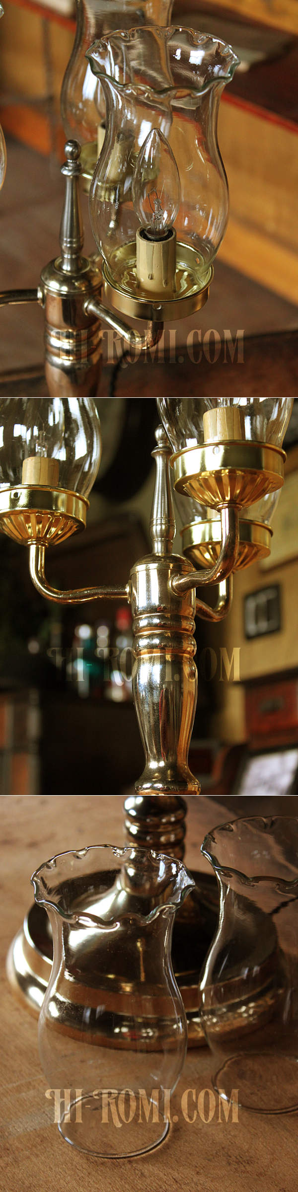 USAヴィンテージコロニアルガラスシェード付３灯ハリーケーンテーブルランプ/アンティークヴィクトリアン照明
